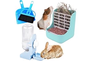 HERCOCCI Rabbit Hay Food Bin Feeder and Bunny Water Bottle Set, Hay Food Feeder Bowls Manger Rack with 500ml Hanging Water Dispenser Prevent Knock Over for Rabbit Guinea Pig Chinchilla (Medium, Blue)