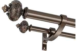 Lwiiom Heavy Duty Double Curtain Rod with Palm Leaves Finials and Aluminum Bouquet Brackets,Double Curtain Rods for Windows 72 to 144 Inches,1 Inch Front, 5/8 Inch Back Double Rods,Dark Bronze