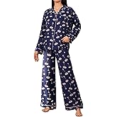 iChunhua Women's Pajamas Set Long Sleeve Sleepwear Soft Button Down Loungewear Nightwear Wide Leg Pjs Set