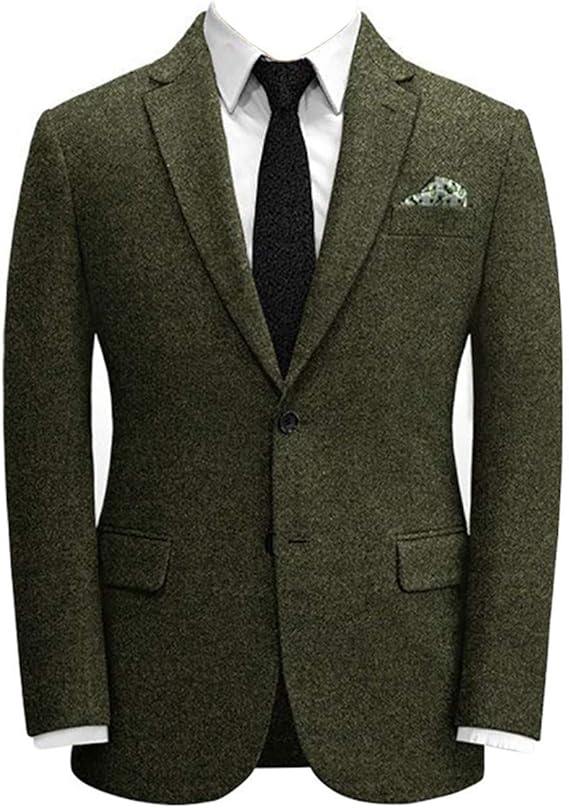 Men's Classic Olive Green Suits Tweed Wool Groom Vintage Wedding 3