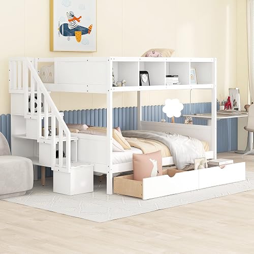 Bellemave Twin Over Full Bunk Bed with Stairs and Storage Drawers, Wood ...