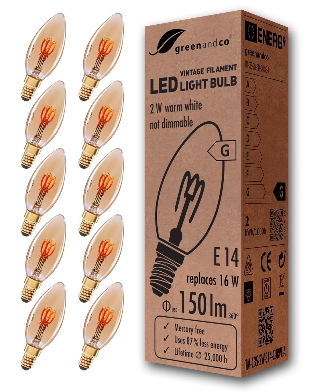 greenandco® E14 C35 LED Vintage Filament Bulb 2W Replaces 16W 150lm 2000K Extra Warm White 360° 230V, no Flicker, not dimmable, 10-Pack