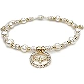CRUZONE Holy Spirit 18K Gold Plated CZ Pendant on Dainty Pearls Bracelet Charm Catholic Gift Of Hope For Women and Teens