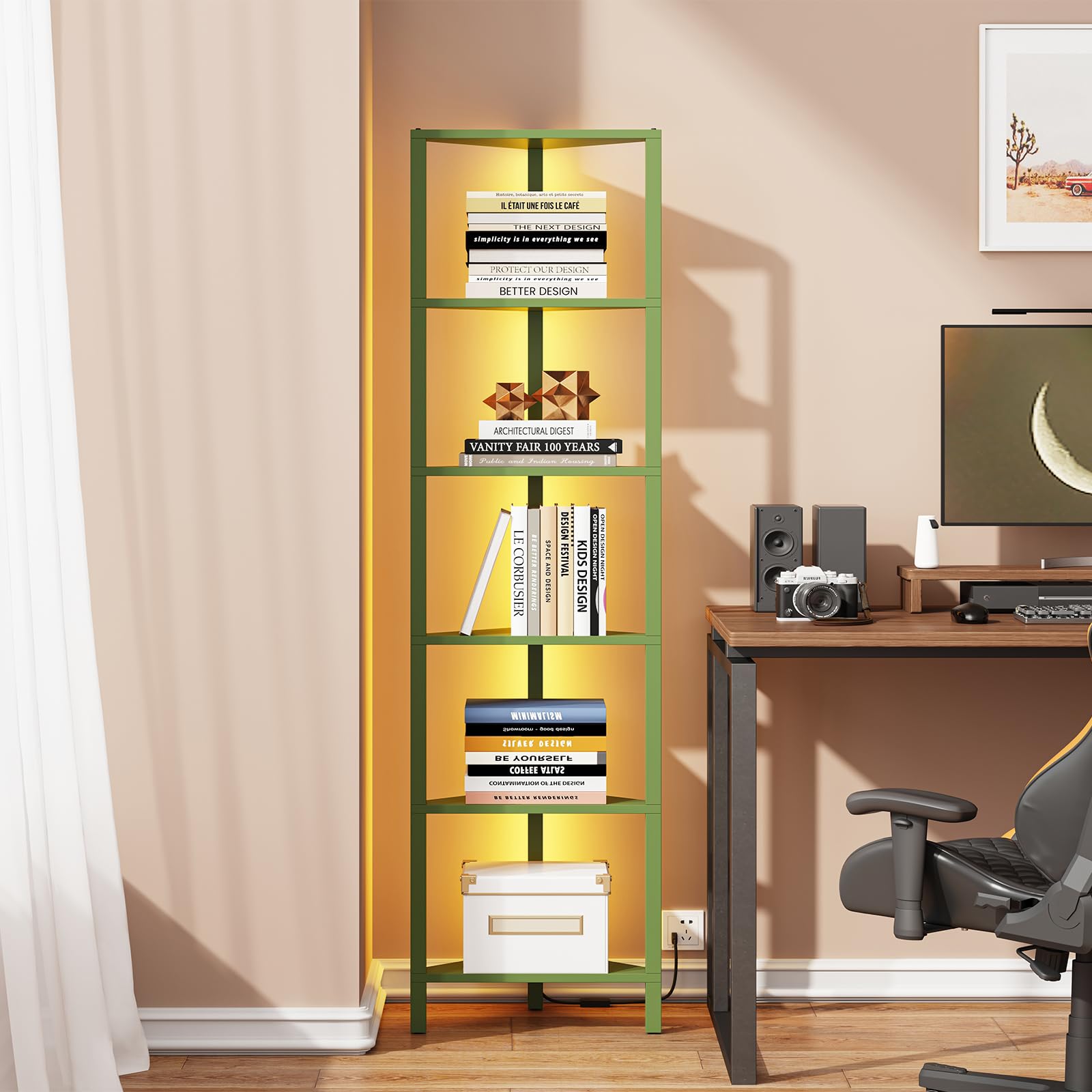 TUTOTAK Corner Shelf with LED Light, 6-Tier Corner Bookshelf for Small Space, Narrow Display Corner Shelf Stand with Storage Rack, for Living Room, Bedroom, Olive Green BS05BOG006L Image