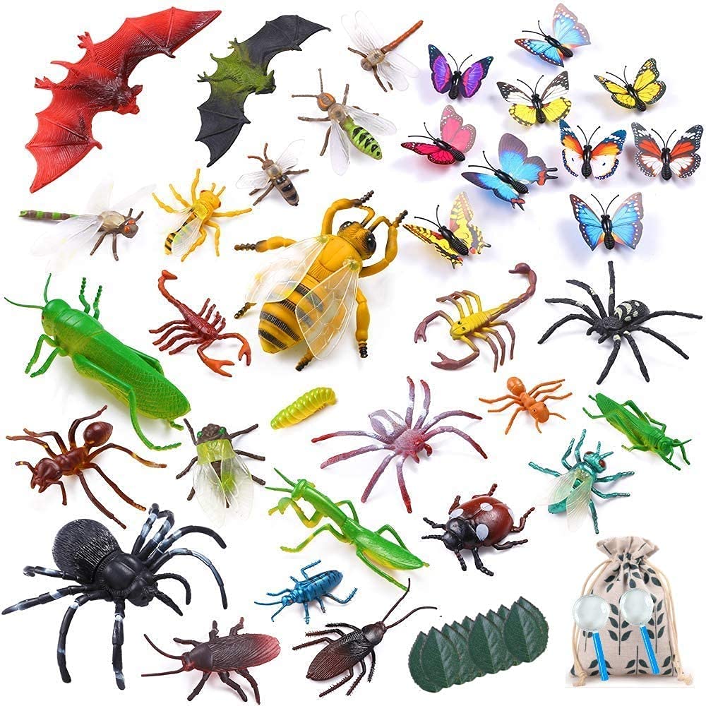 LATERN 45Pcs Plastic Insect Figures Kits - 35Pcs Lifelike Assorted Bugs Figures Toy for Children Education & Party Favors - Includes 2Pcs Magnifying Glass, 10Pcs Leaves, Storage Bag