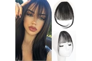 Berracy Bangs Hair Clip in Bangs 100% Real Human Hair Extensions Wispy Bangs Fringe with Temples Flat Neat Fake Air Hairpieces for Women Daily Wear Black
