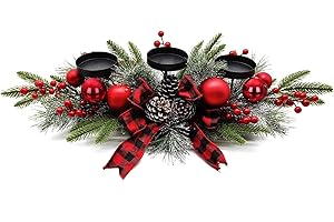 BAYN 27.5-Inch Christmas Table Centerpiece with Candle Holders, Red Berries, and Pine Cones