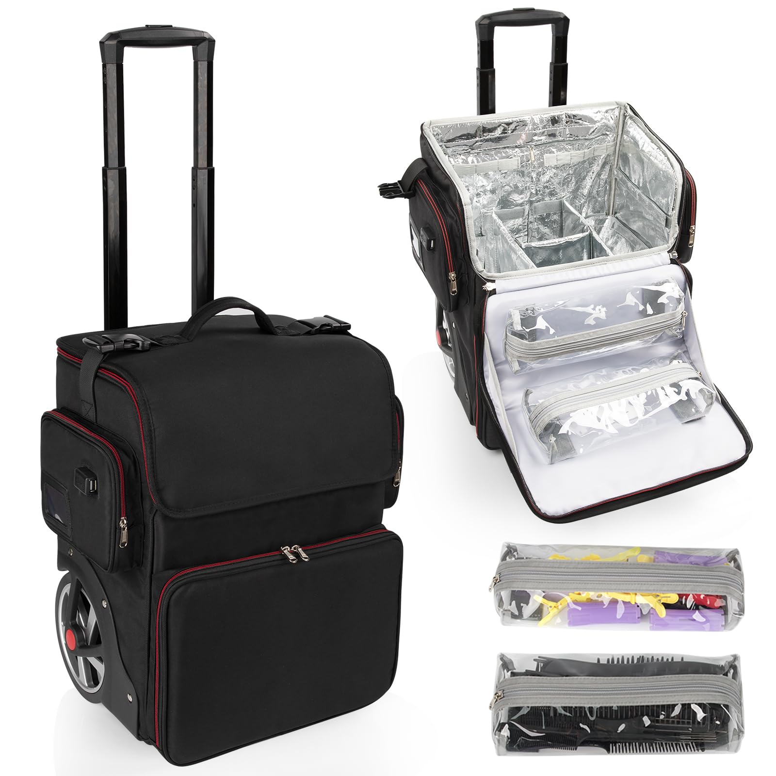 Photo 1 of Large Makeup Train Case,Cosmetic Makeup Case for Hairstylist, Hairdresser Bag with Detachable Pouch,Heat Insulation and Anti-scalding Full layer for Hairdressing Tool Organizer Trolley with wheels