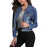 MISS MOLY Jean Jacket Women’s Frayed Washed Button Up Cropped Denim Jacket w 2 Side Pockets