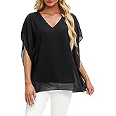 Ckikiou Summer Flowing Flounce Sleeve Chiffon Lined Blouse for Women Loose V Neck Floral Print Double Layered Shirt Top