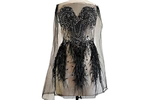 Zbroh Beautiful Ostrich fur decoration large full bodice applique pure handsewing rhinestones beads lace trim patches