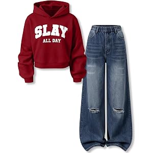 HSOXLQF Tween Girls Clothes 2 Piece Outfits Hoodie Long-Sleeved Sweatshirt & Wide-Leg Jeans Pants Fall Winter Clothing Set