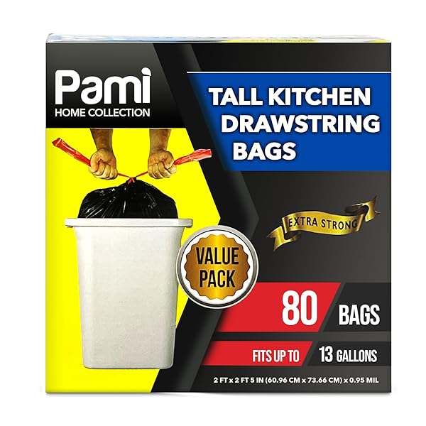 PAMI TALL 13-GALLON KITCHEN DRAWSTRING TRASH BAGS [80-PACK,...