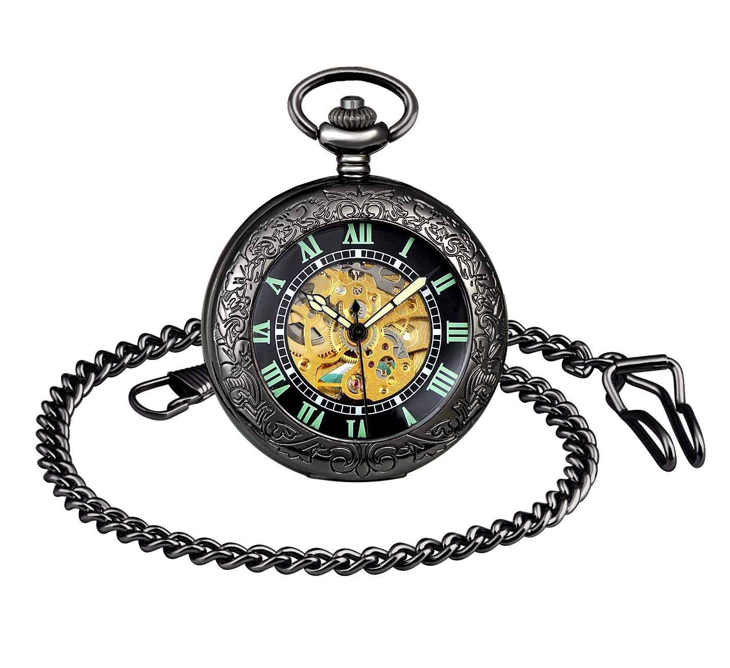 MICGIGI-Unisex Pocket Watch Mechanical Hand-Wind Luminous Analogue Skeleton Movement Pocket Fob Watches with Chain