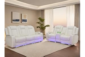FONTOI Power Recliner Sofa, 2 Pieces Reclining Loveseat Leather Couch Set, Reclining Sofa for Living Room Furniture Sets with Cup Holders, Storage Console, USB Port, LED Light, White