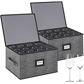 2-Pack Wine Glass Storage Box with Dividers, Hard Shell Stemware Storage | Holds 24 Crystal Glasses &amp; Drinkware, Quilted, Dual Zippers, Reinforced Handles, Stackable, Moving and Seasonal Storage, Grey