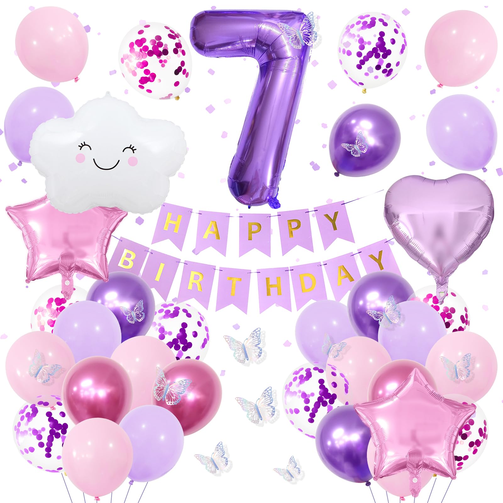 Pink Purple 7th Birthday Decorations for Girls, Butterfly Party Supplies with Number 7 Balloon, White Cloud, Star and Heart Foil Balloons, Birthday Banner for Girl Birthday Decor