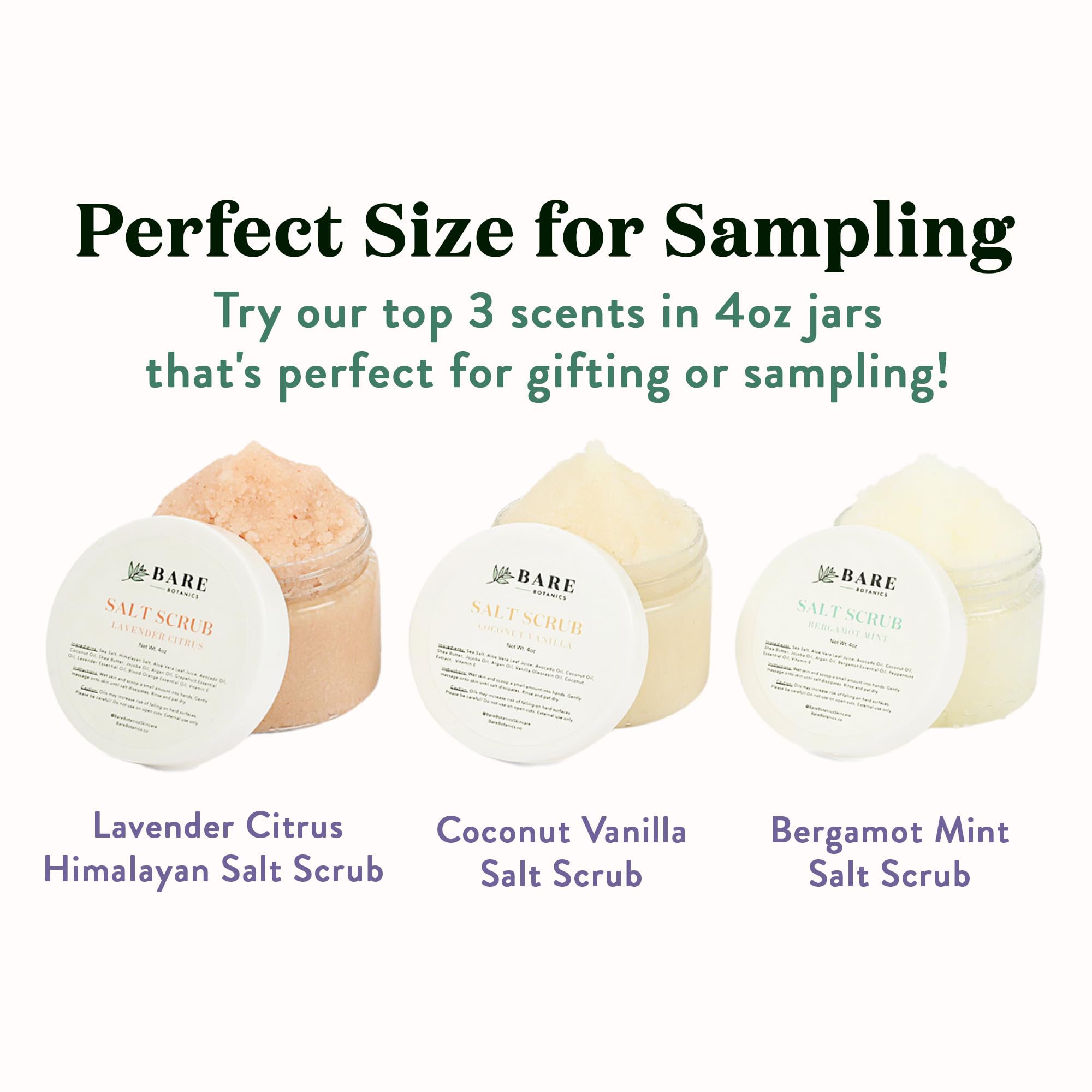 Bare Botanics 3 pc Body Scrub Gift Set - Ready to Gift Naturally Scented Sea Salt Scrub Made in Madison, WI - Formulated w/Skin Loving Moisturizers - Vegan, Cruelty Free Exfoliator w/a Cute Spoon