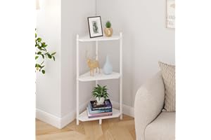 Wisuce Corner Shelf Stand - 3 Tier Bamboo Small Corner Bookshelf for Office Kitchen Bedroom Plant Stand Living Room Decor Small Space (White)