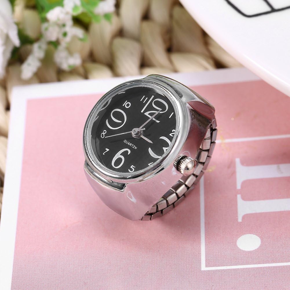 Dilwe Ring Watch, Unisex Analog Quartz Finger Watch for Men Women Stainless Steel Strap Black Elastic Alloy Case Daily Party Gift - Image 4