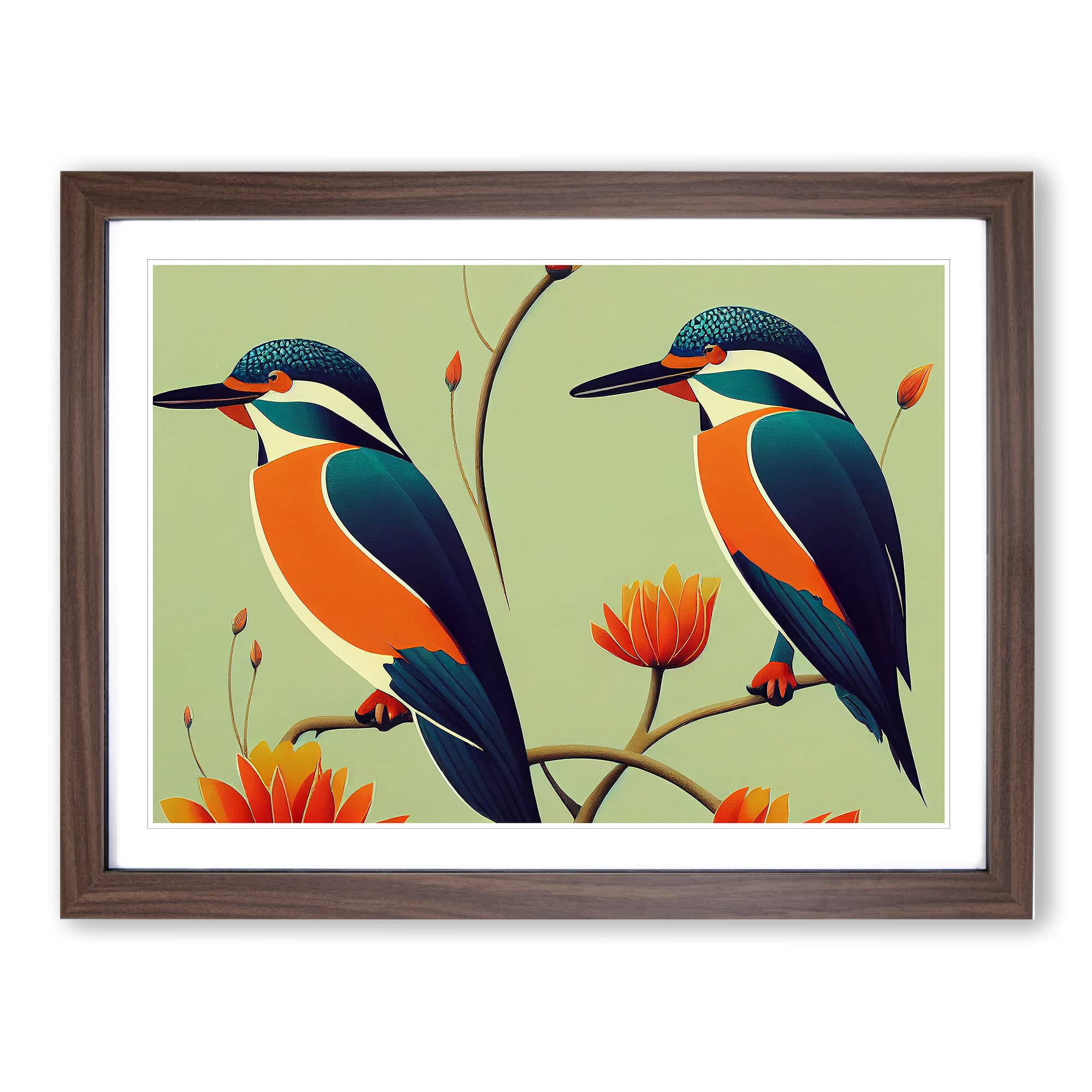 Kingfisher Birds Art Deco WHT Framed Print | A4 Walnut Framed Wall Art | Ready to Hang | Art Deco Nature Picture | Living Room Bedroom Lounge Office