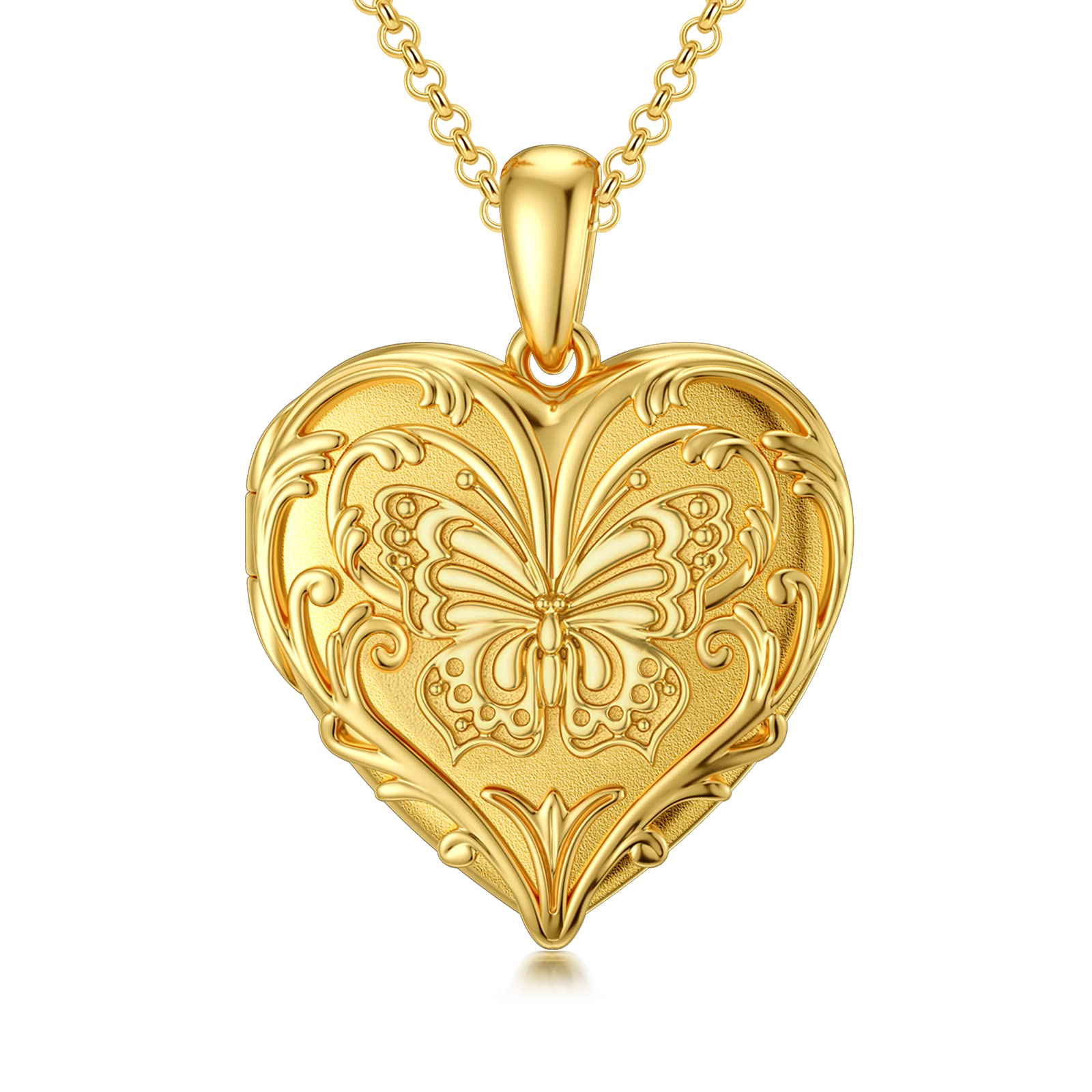 SOULMEET 18k Gold Plated Silver Butterfly Heart Shaped Locket Necklace That Holds 2 Picture，Memorial Gift for Women 20" (Locket only)