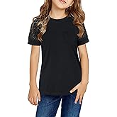 Girls Summer Short Sleeve Shirts Lace Casual Cute Crew Neck Solid Color Blouses Tops Sizes 6-15 Years