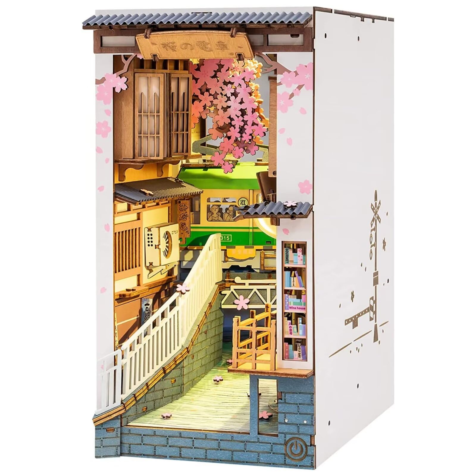 Rolife Sakura Densya Book Nook Kits for Adults DIY Miniature Kit with Light for Desk Library Bookshelf Decoration 3D Wooden Puzzle Booknook Model Kits for Adults to Build Gifts for Women