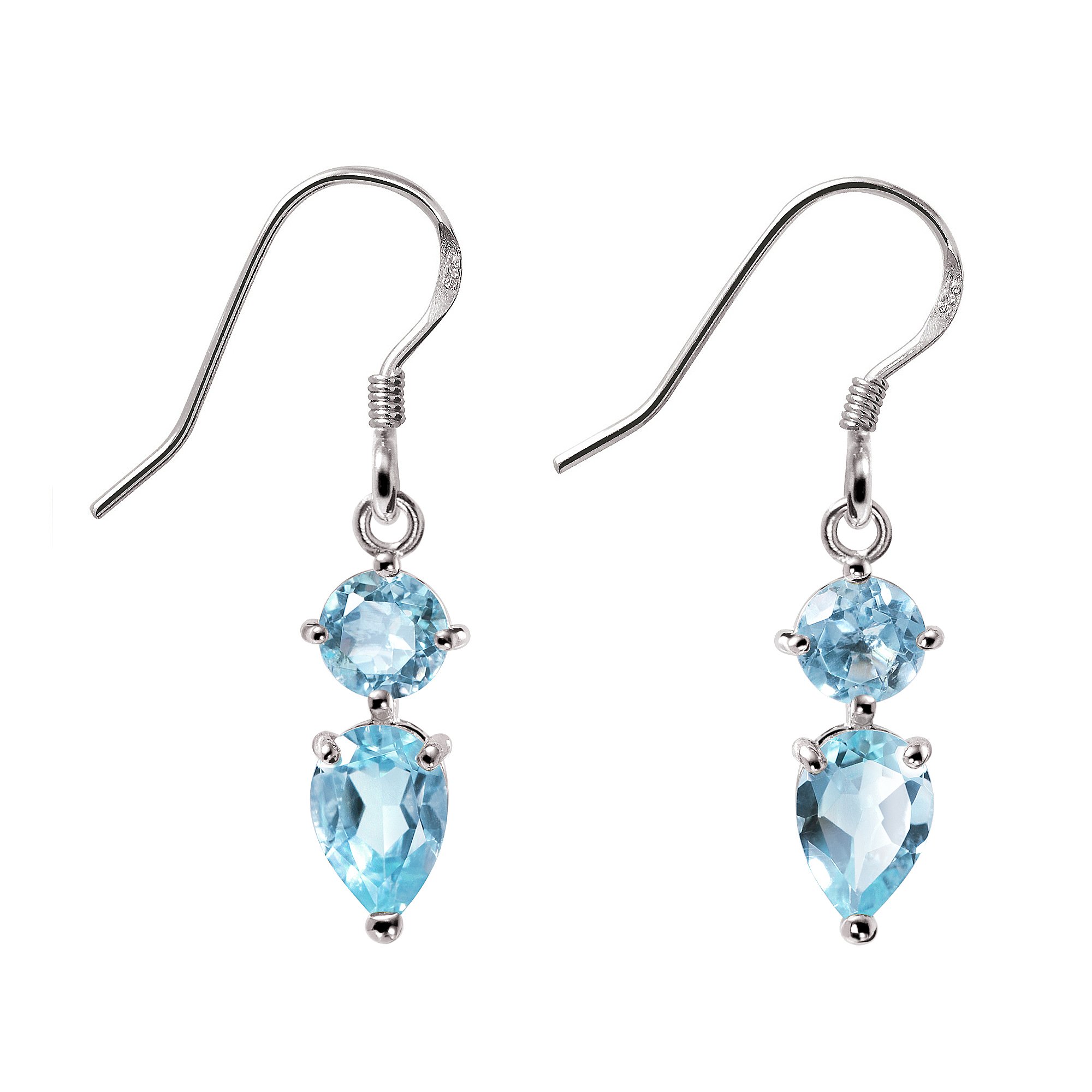 Franki Baker Woman 925 Sterling Silver Natural Round & Pear Shaped Sky Blue Topaz Gemstone Drop Earrings. Length: 28mm