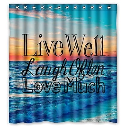 Custom Sunset Sea Ocean Beach With Live Laugh Love Quotes Bathing Waterproof Fabric Bathroom Shower Curtain