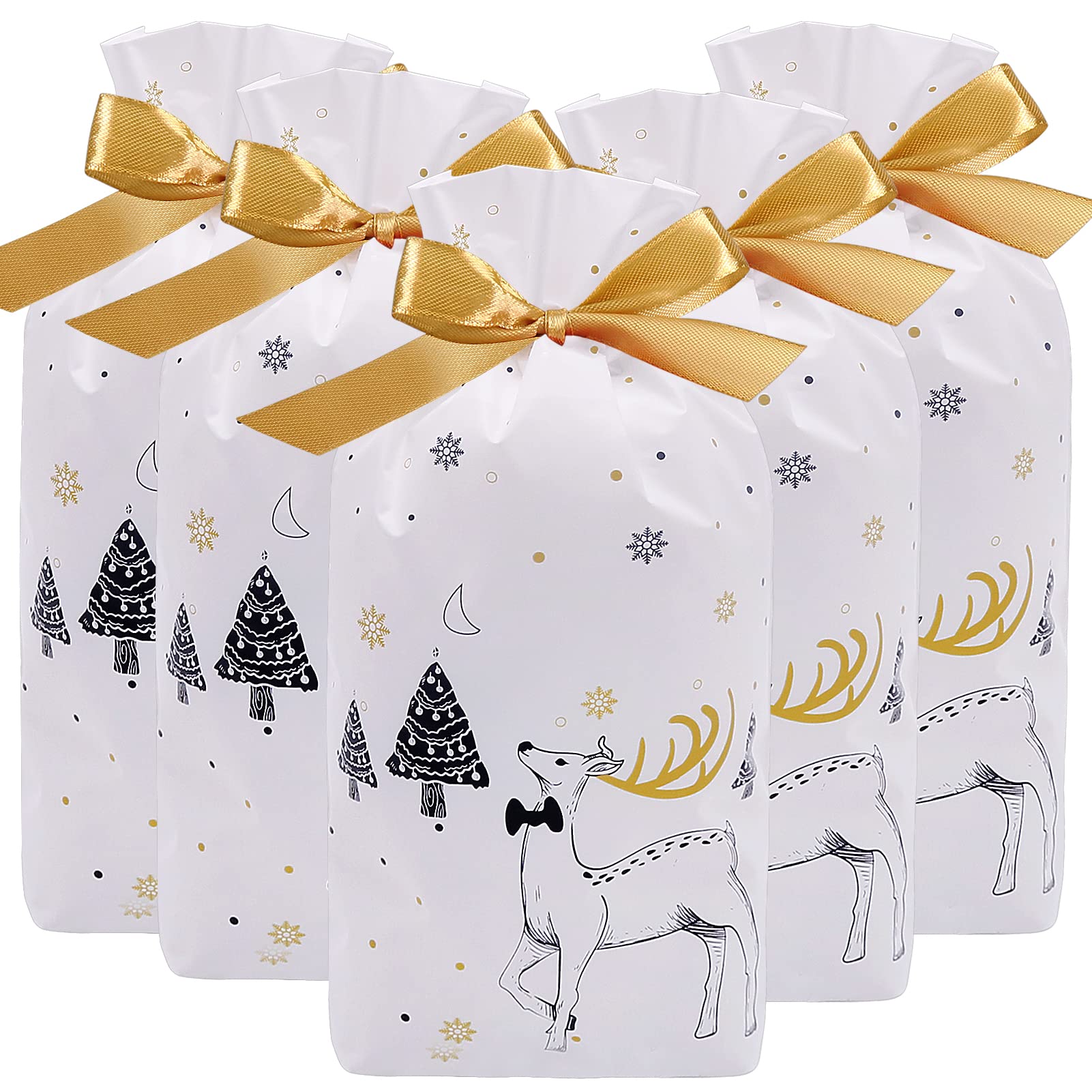 HRX Package 50pcs Plastic Treat Bags With Bows, Drawstring Gift Candy Party Favor for Christmas Goodies Cookies (14.7 x 23.5 x 6 cm)