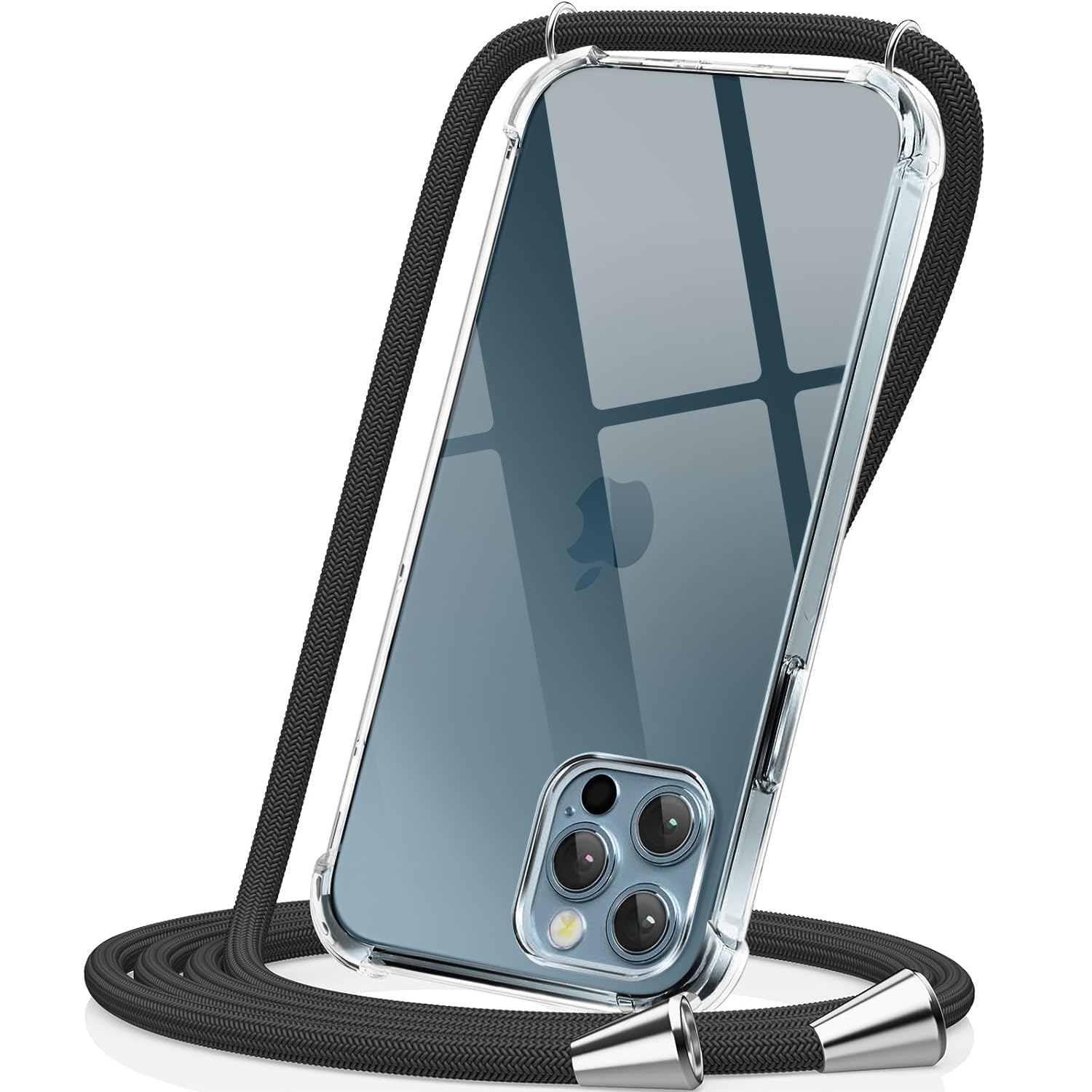 CAROKI for iPhone 12/12 Pro Case with Strap, [Sleek Black Cord] Slim Clear TPU Protective Bumper, Adjustable Hands-Free Neck Strap & Crossbody Lanyard - 6.1 Inch — image 1