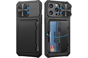 ATATOO for iPhone 15 Pro Max Case with Card Holder, Wallet Case with Slide Camera Cover & Kickstand, Durable [Military Grade Drop Protection] Shockproof Rugged Phone Case for iPhone 15 Pro Max, Black