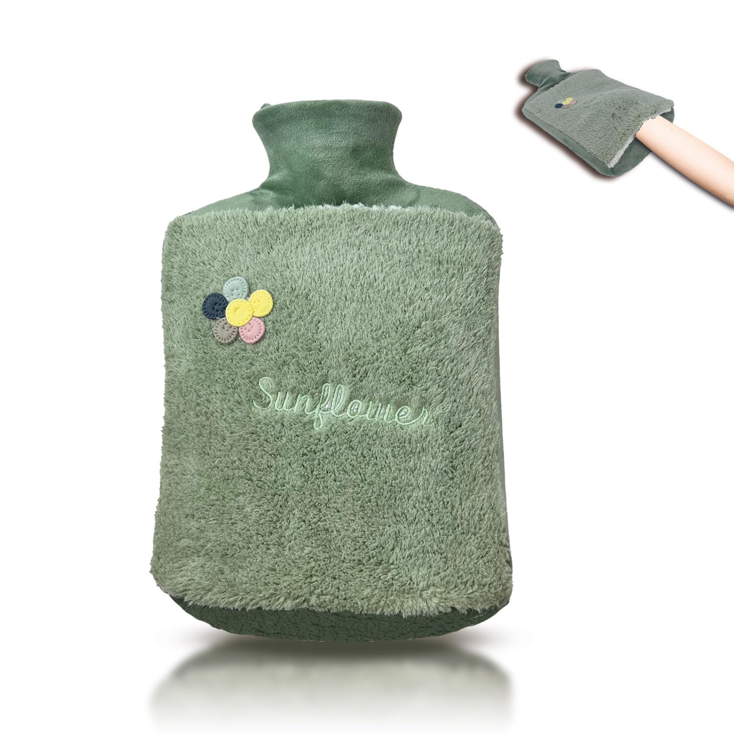 Hot water bottle 2.0L with lid and cuddly soft fur cover, kangaroo pocket - leak-proof, hot water bottle with soft removable cover, ideal for pain relief (Sunflawer mint green)