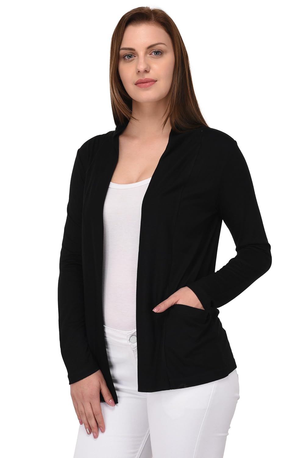 espresso women's full sleeve front open viscose shrug with pocket