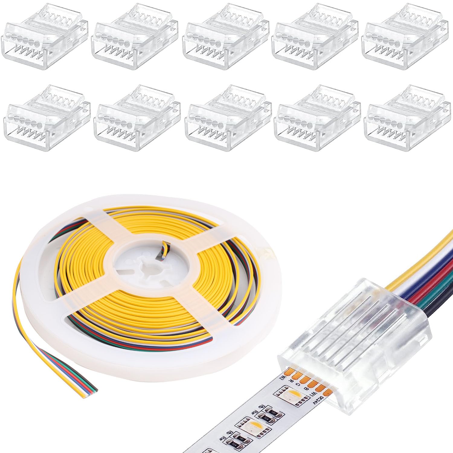RUNCCI-YUN 10 Pcs LED Light Connector 6Pin 12mm LED Strip Connector Solderless with 16.4ft DC 12V led Wire for Waterproof or Non-Waterproof 12mm Wide LED Transparent Track Lighting Connectors