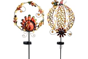 ALLADINBOX Thanksgiving Solar Lighted Yard Stakes Outdoor Decoration, 2 Pack Metal Turkey and Pumpkin Lighted Yard Signs, Fall Harvest Outdoor Yard Garden Stakes Pathway Lights