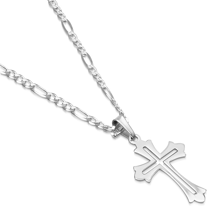 Mens Sterling Silver Patonce Cross Pendant Figaro Chain Necklace