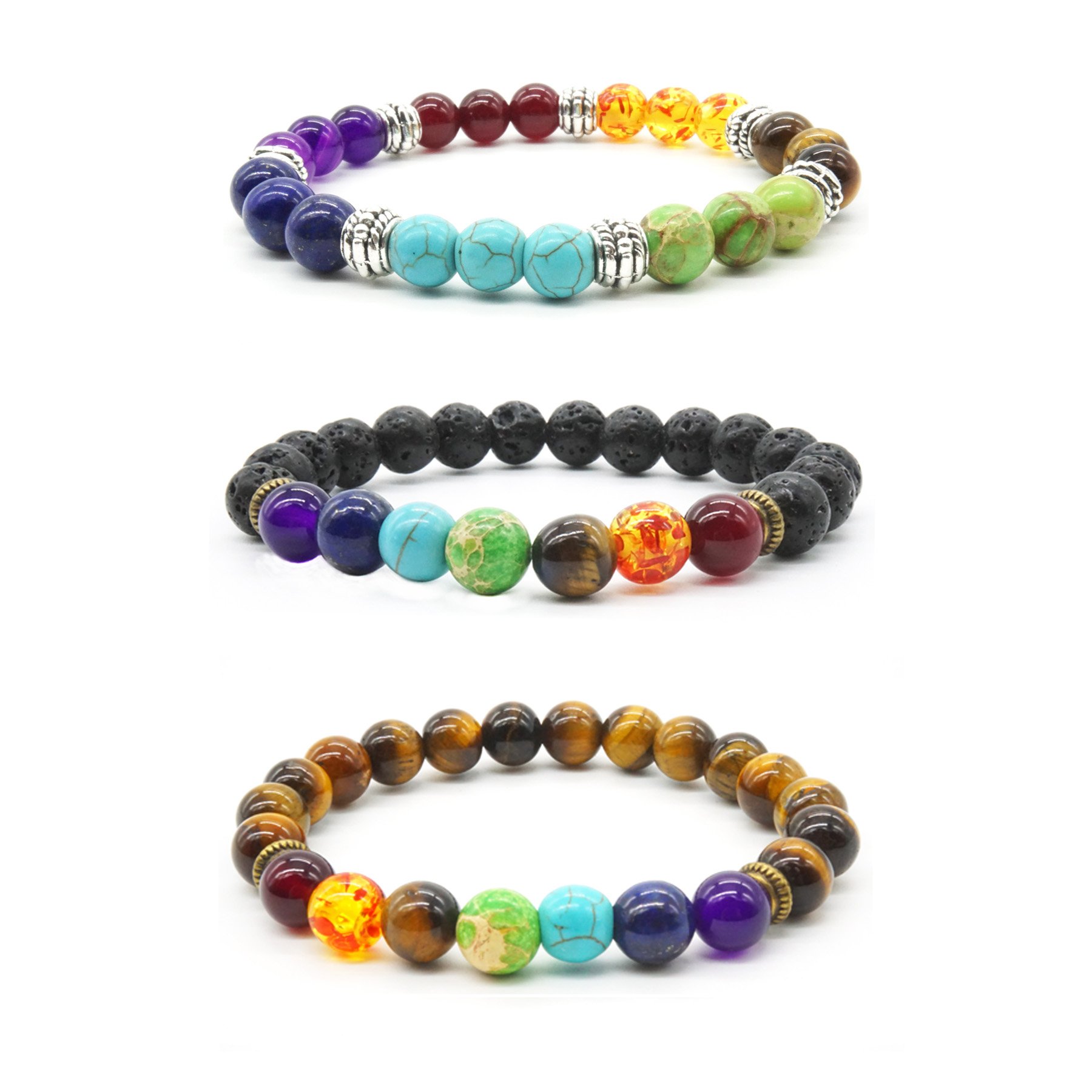 Mayting 3 Pcs Natural Stone Tiger Eye - 7 Chakra Charm Bracelet Lucky Elastic Bracelet Men Women Bracelet
