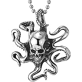 Stainless Steel Mens Womens Vintage Octopus Skull Pendant Necklace with 30 inches Ball Chain