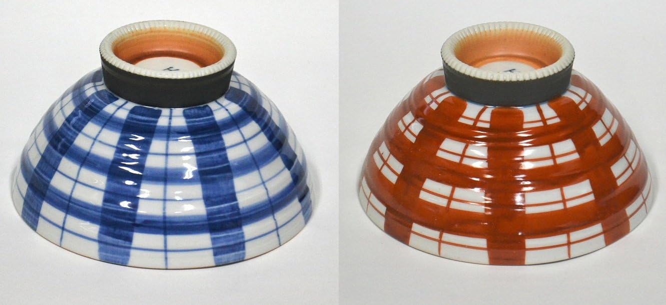 Fukuda [2 Bowls Set] Japanese Ceramic Hasami-Yaki Rice Bowl Checked Pattern Blue & Red Set Size S & L 206-1 206-2 from Japan
