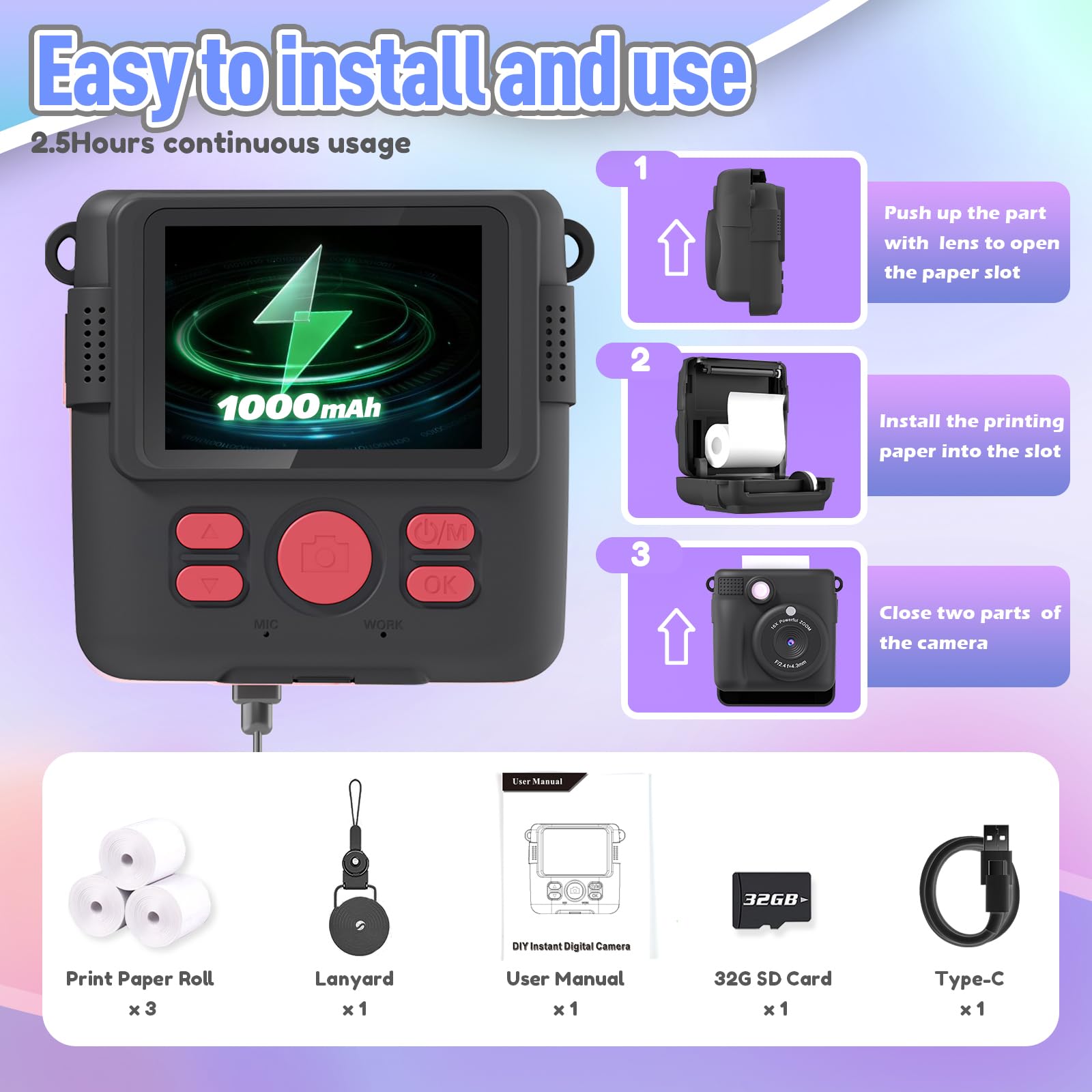 ESOXOFFORE Kids Camera Instant Print, Christmas Birthday Gifts for Kids Age 3-12, Selfie Digital Camera with 1080P Videos,Toddler Portable Travel Cameras Toy for 4 5 6 7 8 9 Year Old Boys Black