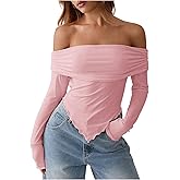 Verdusa Women's Y2K Off The Shoulder Tops Foldover Long Sleeve Asymmetrical Fitted T Shirt