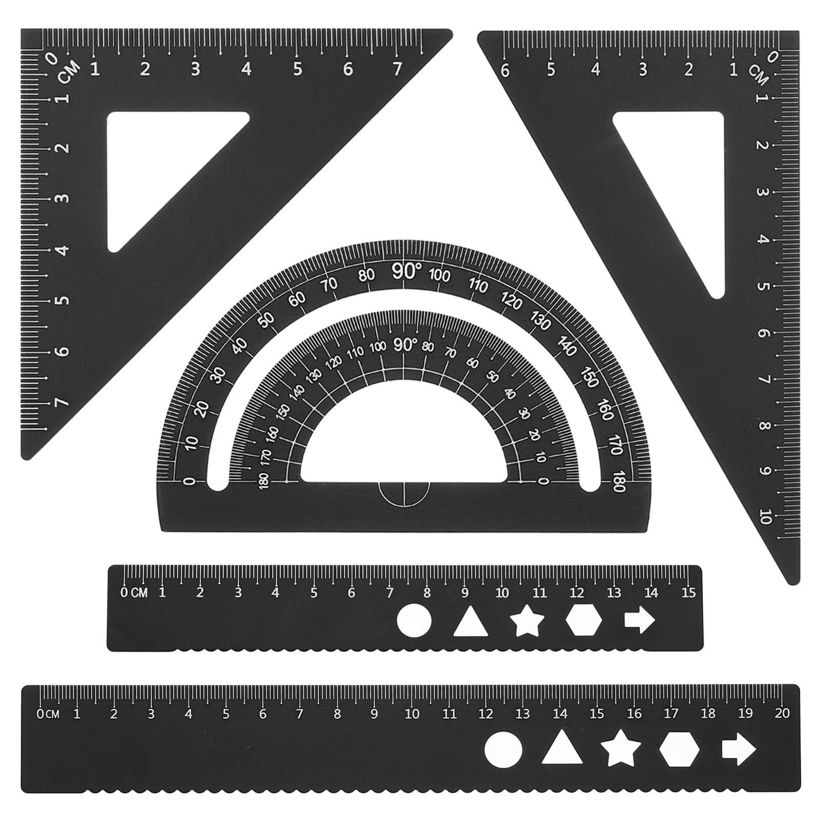 PATIKIL Triangular Ruler Set, 15cm 20cm Aluminum Metric Ruler, 45°60°Triangular Ruler and Protractor, 5 Packs, Black