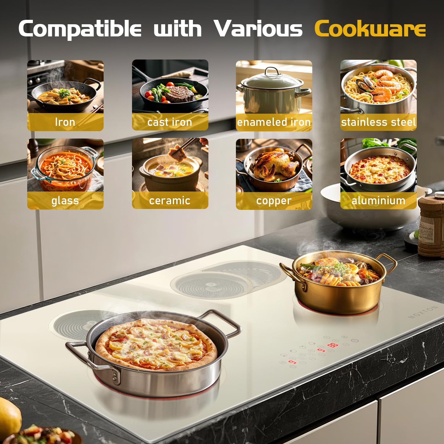 Noxton Electric Cooktop 30 Inch, 4 Burner Stove Top -Warm White Glass Electric Cermaic Cooktop with Expandable Burners Timer, Child Safety Lock, Sensor Touch Control, Drop-in Install, 240V 6600W