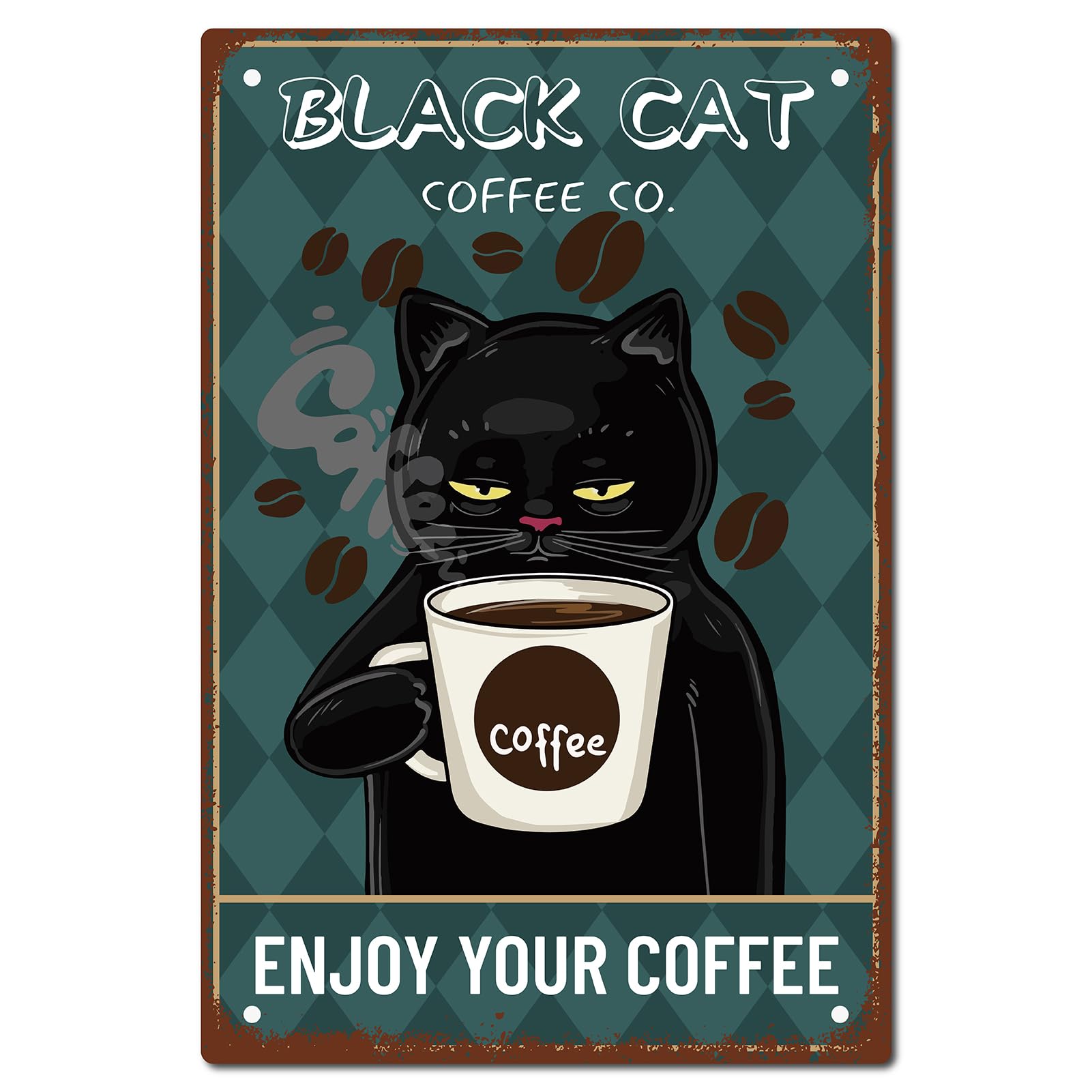 CREATCABIN Black Cat Sign Coffee Wall Decor Art Metal Tin Sign Poster Vintage Retro Plaques Paintings for Home Kitchen Bathroom Coffee Cafe Bar Pub Decorations 8 x 12 Inch-Enjoy Your Coffee