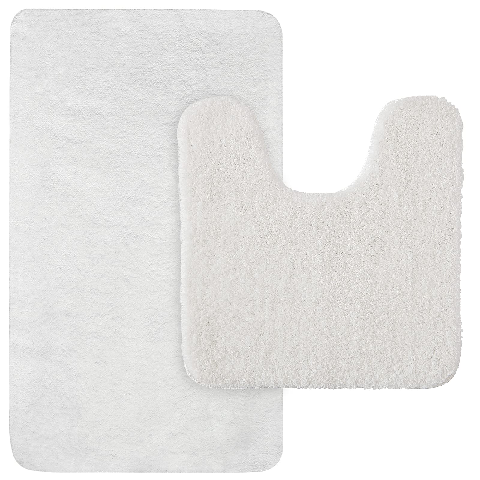 MIULEE Absorbent Bath Mat Set 2 Pieces Non Slip Bath Rug 40x60cm and U Shape WC Toilet Rug 45x45cm with High Hydroscopicity Rugs Super Soft Cozy and Shaggy Microfiber Rug Carpet for Bathroom White