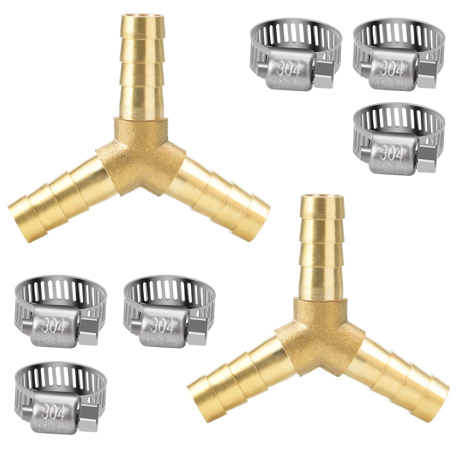 Profiwoab Y Piece Brass Hose Connector（8mm Fuel Hose Connector 2 PCS Y-Shaped Brass Three-Way Hose Barb Joints with 6 PCS 304 Stainless Steel Pipe Clamps,for Water Air Fuel Gasoline Hose Barb Fitting