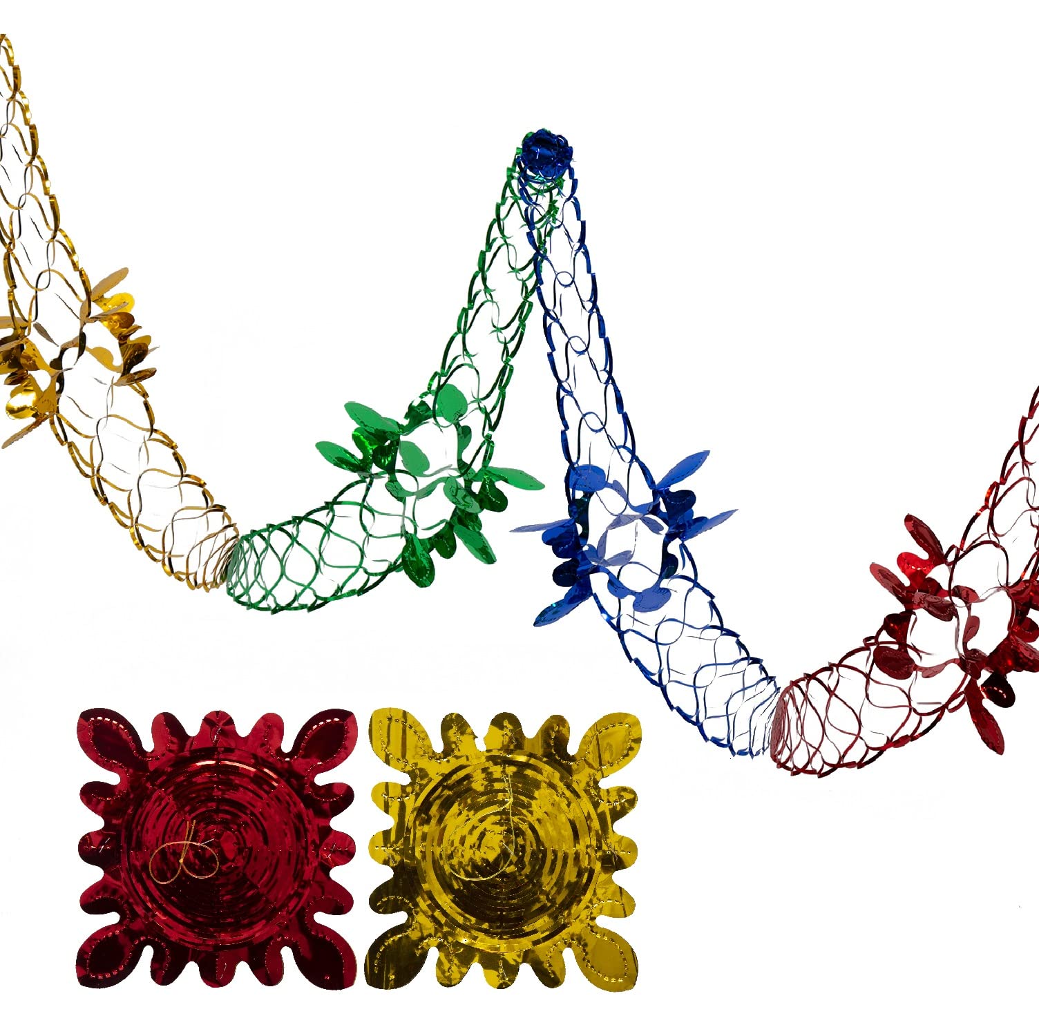 Simply Products 2 Pk Foil Garland Flower - Christmas Hanging Decoration Wall Ceiling Xmas Deco (Red, Blue, Green & Gold)