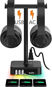 RGB Dual Headphone Stand with USB Charger KAFRI Desk Gaming Double Headset Holder Hanger Rack with 3 USB Charging Port and 2 Outlet - Suitable for Gamer Desktop Table Game Earphone Accessories Gift